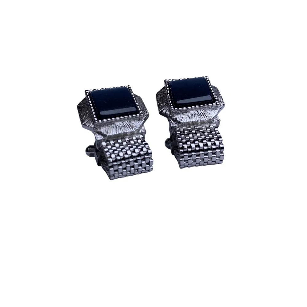 Vintage Silver Tone‎ Mesh Wrap Cufflinks Black Square Stone Mid Century Modern
